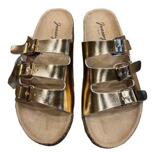 Milan Jeossy Women's Rose Gold Triple Strap Buckle Open Toe Cork Sandals 9.5